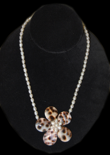 Freshwater Pearl Necklace with Cheetah Plumeria Pendant